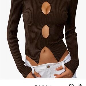 Brown Ribbed Cut-Out long sleeve sweater